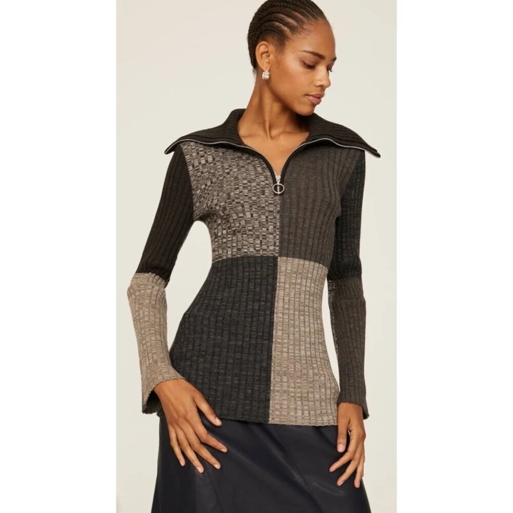 Sandro Paris Moria Sweater Size 3 US L Colorblock Rib Knit Zip Collar Pullover - Picture 3 of 10